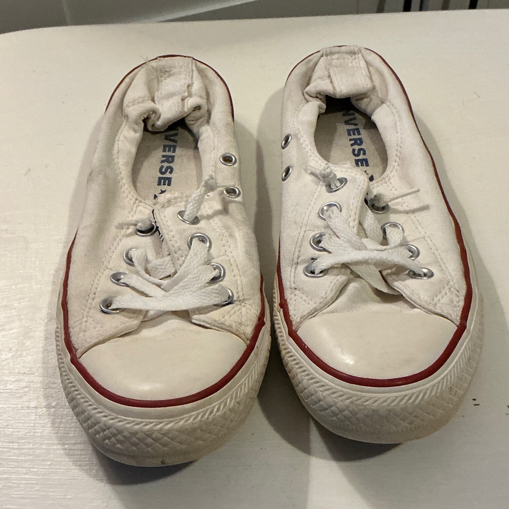 Converse White Canvas Low-Top Sneakers with Red and Black Trim - Picture 2 of 5
